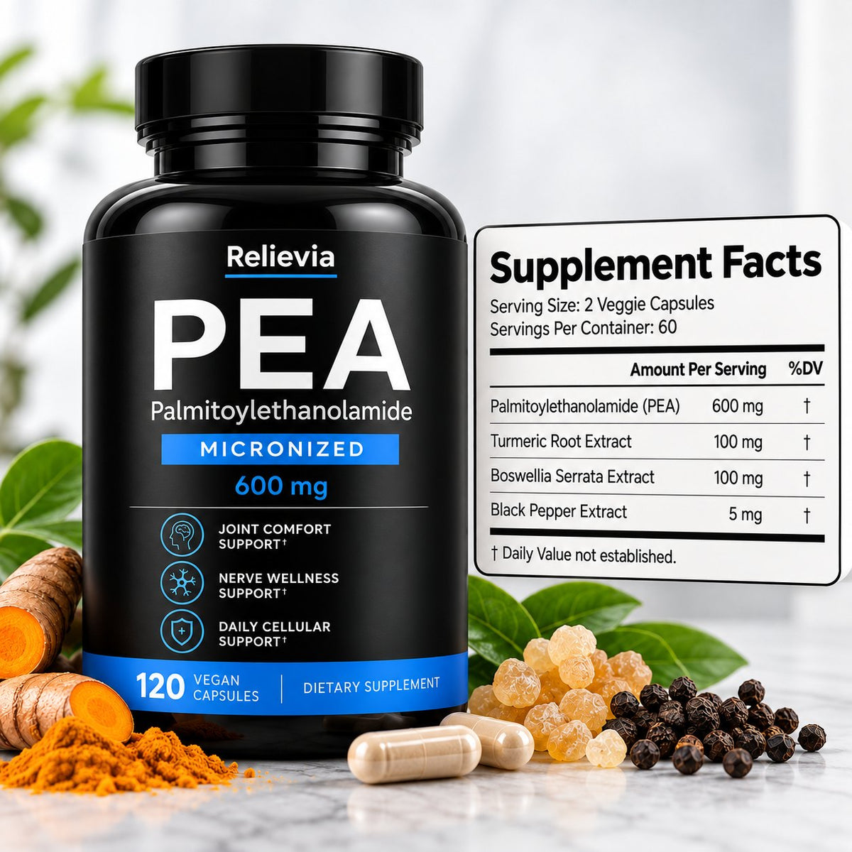 Relievia bottle beside its supplement facts panel, with turmeric root, boswellia resin and black pepper