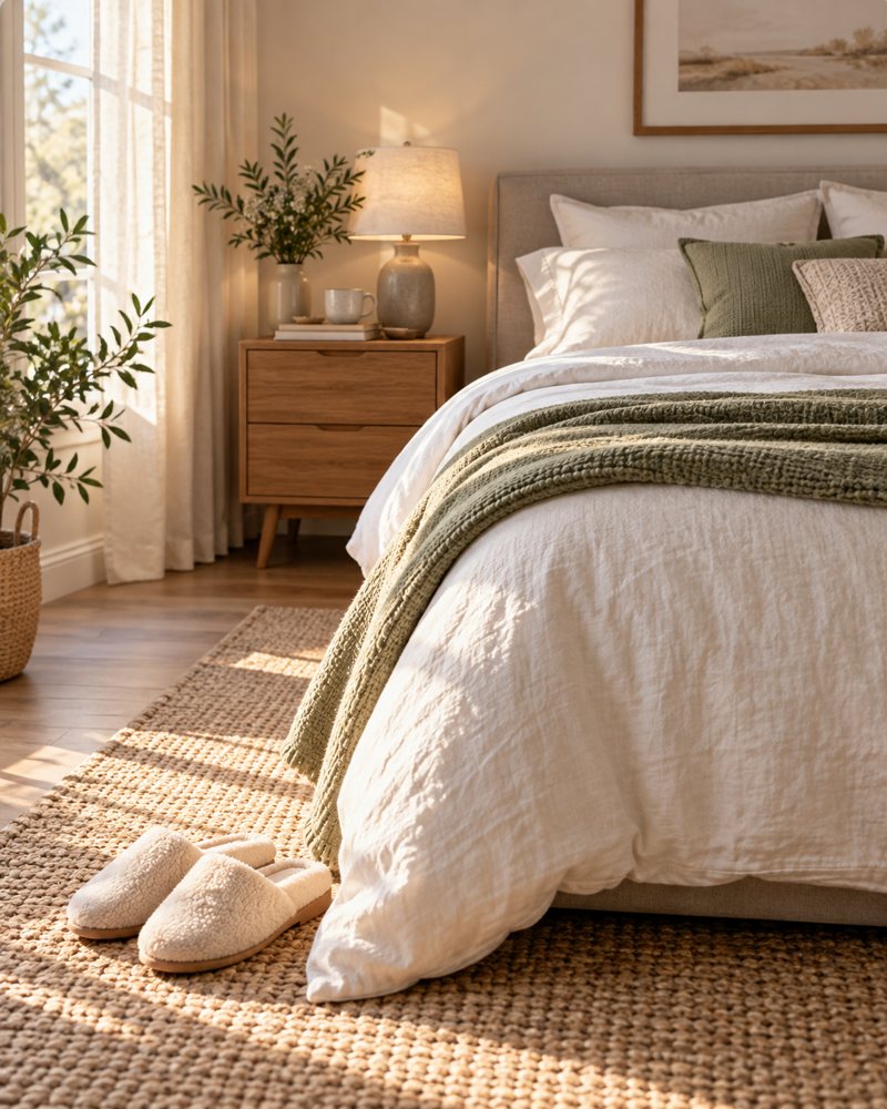 A made bed in morning light with slippers on the rug