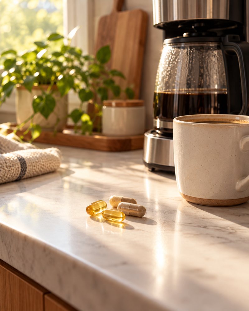 Capsules on a sunny kitchen counter beside a coffee mug