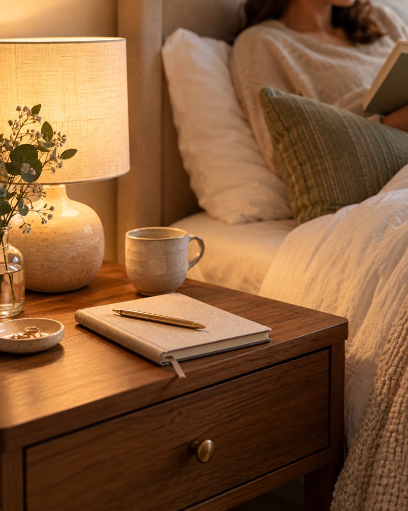 A notebook and pen on a lamplit nightstand