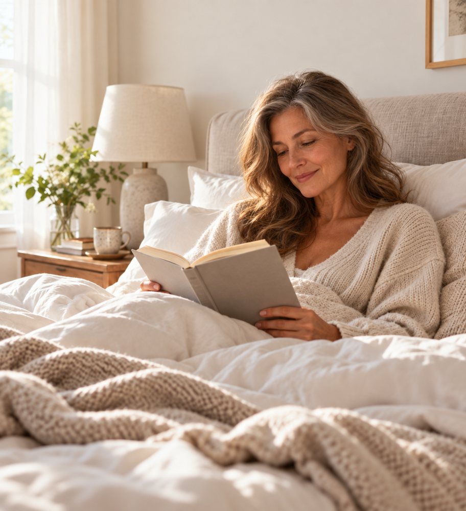 A woman reading in bed, relaxed and smiling